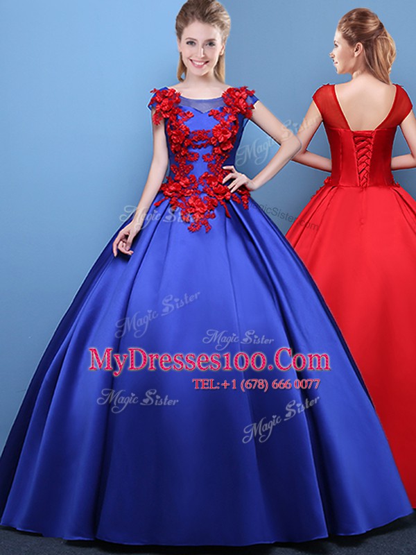 Edgy Royal Blue Scoop Neckline Appliques Quinceanera Gown Cap Sleeves Lace Up
