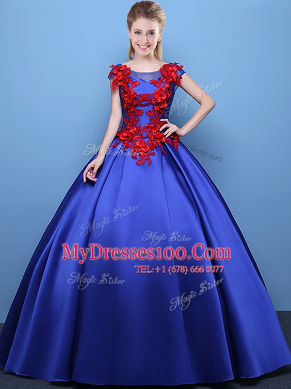 Edgy Royal Blue Scoop Neckline Appliques Quinceanera Gown Cap Sleeves Lace Up