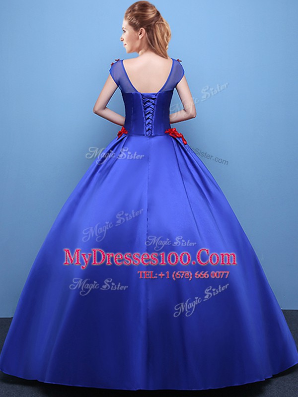 Edgy Royal Blue Scoop Neckline Appliques Quinceanera Gown Cap Sleeves Lace Up