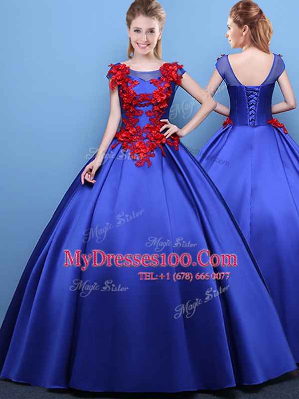 Edgy Royal Blue Scoop Neckline Appliques Quinceanera Gown Cap Sleeves Lace Up
