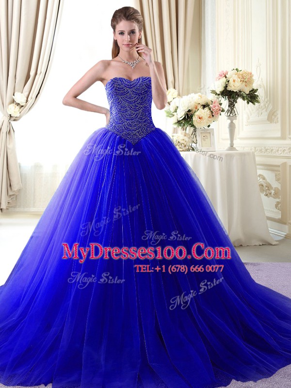 Modern Royal Blue Lace Up Quinceanera Gown Beading Sleeveless With Brush Train