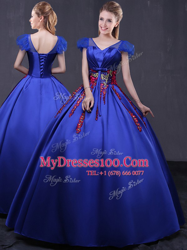 Fitting Royal Blue Cap Sleeves Floor Length Appliques Lace Up Vestidos de Quinceanera