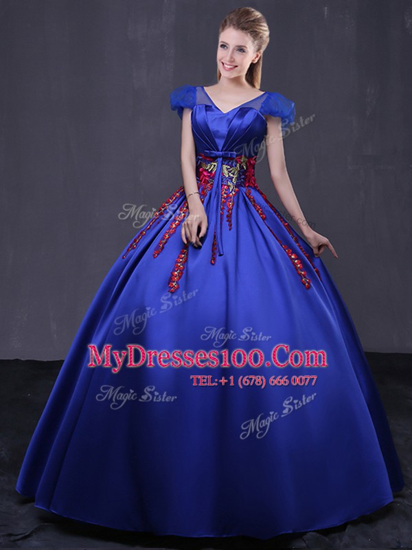 Fitting Royal Blue Cap Sleeves Floor Length Appliques Lace Up Vestidos de Quinceanera