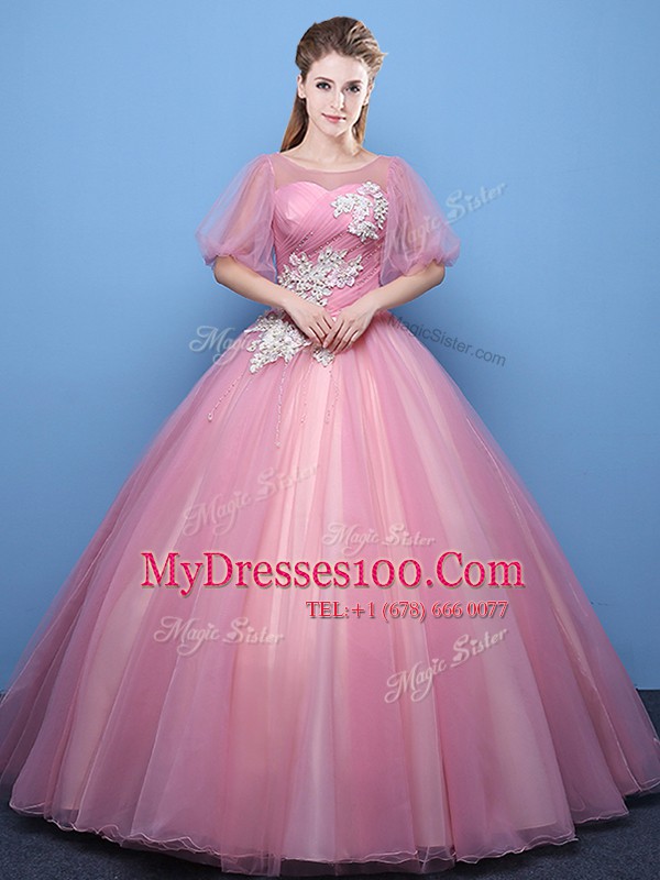 Luxury Scoop Pink Ball Gowns Appliques Sweet 16 Dresses Lace Up Tulle Half Sleeves Floor Length