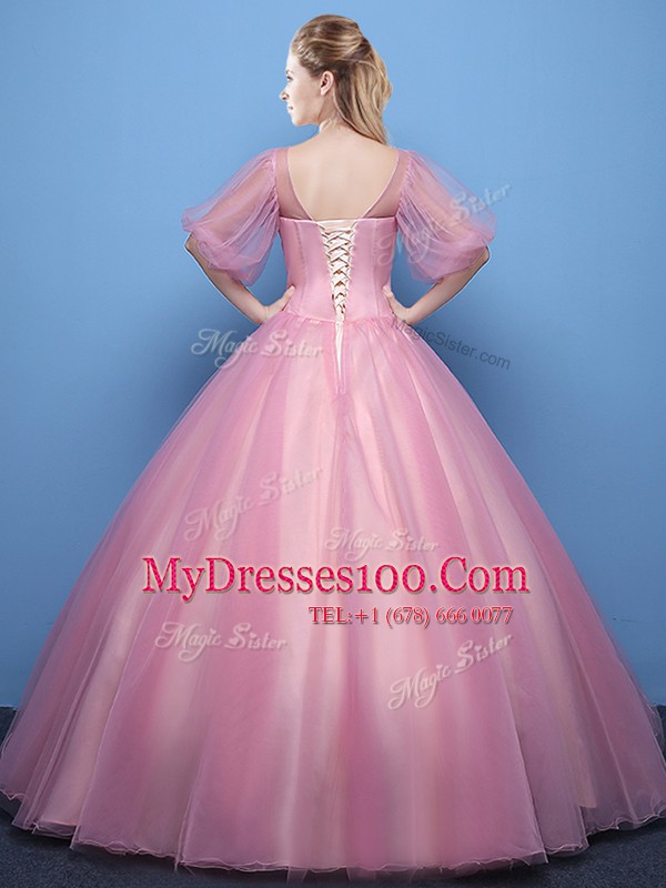 Luxury Scoop Pink Ball Gowns Appliques Sweet 16 Dresses Lace Up Tulle Half Sleeves Floor Length