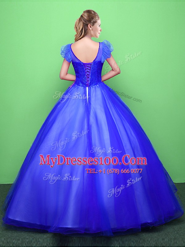 Scoop Short Sleeves Lace Up Quinceanera Gowns Blue Tulle