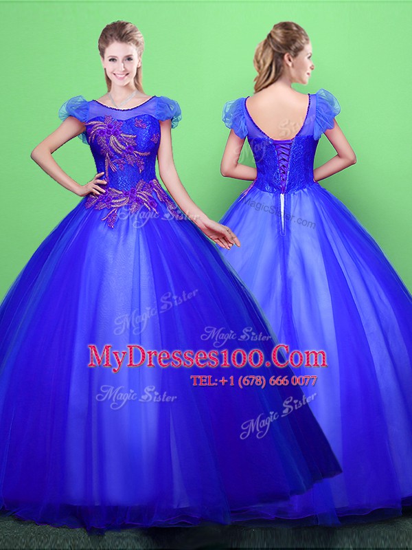 Scoop Short Sleeves Lace Up Quinceanera Gowns Blue Tulle