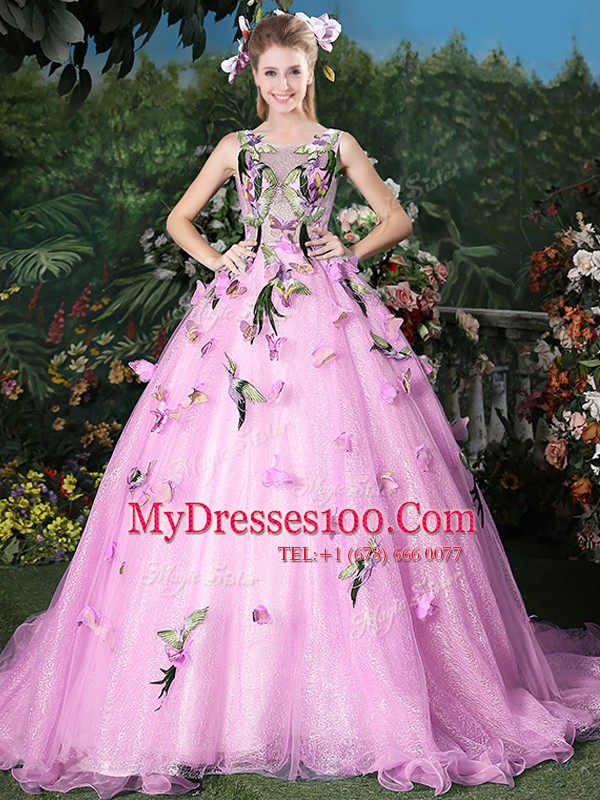 Discount Scoop Sleeveless Brush Train Lace Up Sweet 16 Dress Lilac Organza