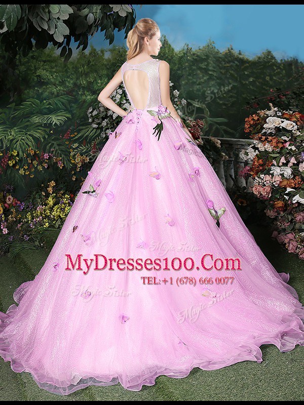 Discount Scoop Sleeveless Brush Train Lace Up Sweet 16 Dress Lilac Organza