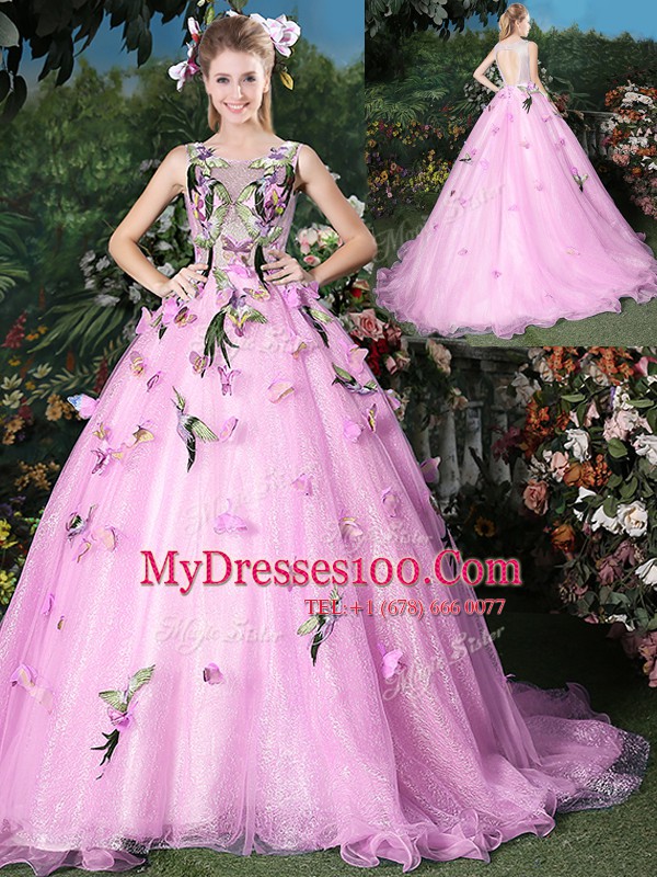 Discount Scoop Sleeveless Brush Train Lace Up Sweet 16 Dress Lilac Organza