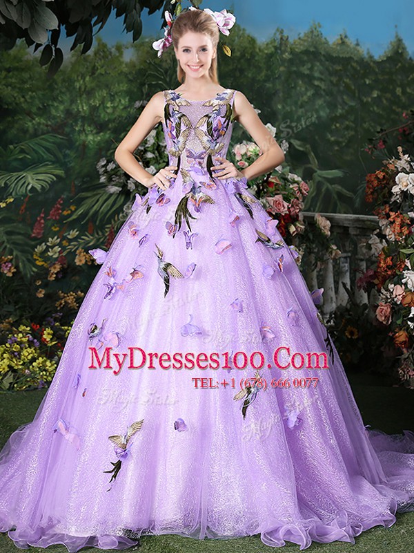 Decent Lavender Ball Gowns Scoop Sleeveless Organza Brush Train Lace Up Appliques 15 Quinceanera Dress