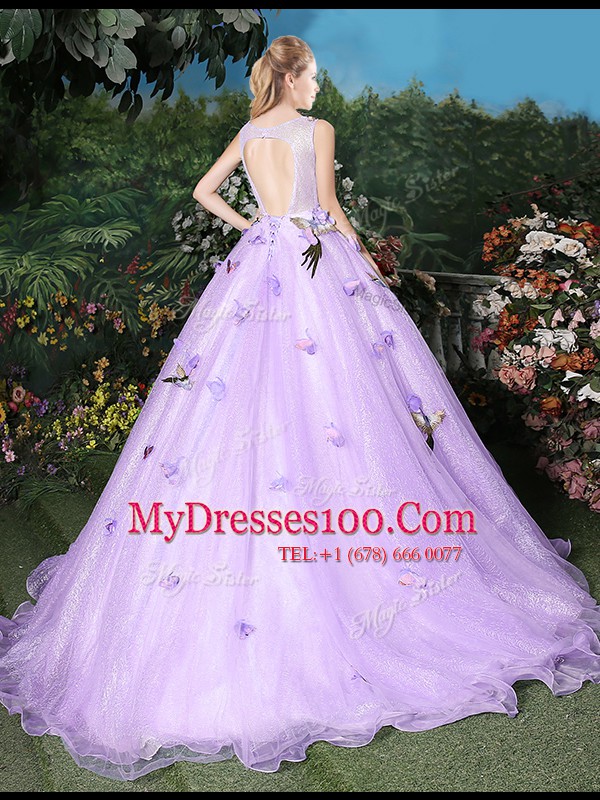 Decent Lavender Ball Gowns Scoop Sleeveless Organza Brush Train Lace Up Appliques 15 Quinceanera Dress
