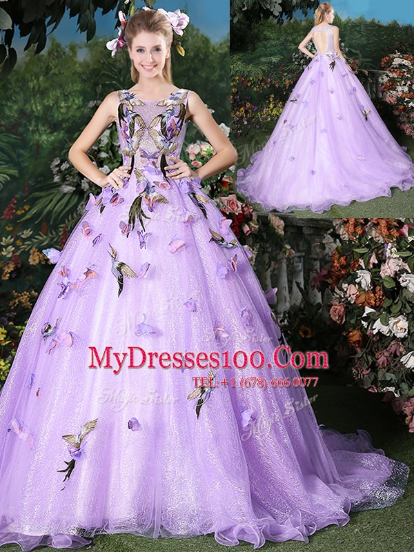 Decent Lavender Ball Gowns Scoop Sleeveless Organza Brush Train Lace Up Appliques 15 Quinceanera Dress