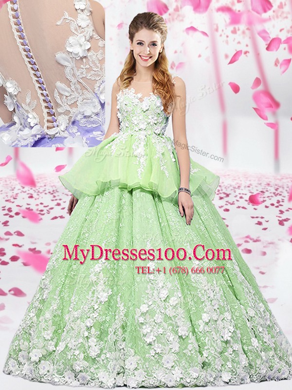 Simple Scoop Sleeveless Lace Up Floor Length Lace and Appliques Quinceanera Gown