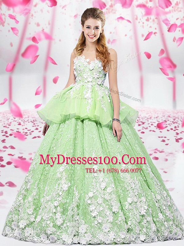 Simple Scoop Sleeveless Lace Up Floor Length Lace and Appliques Quinceanera Gown