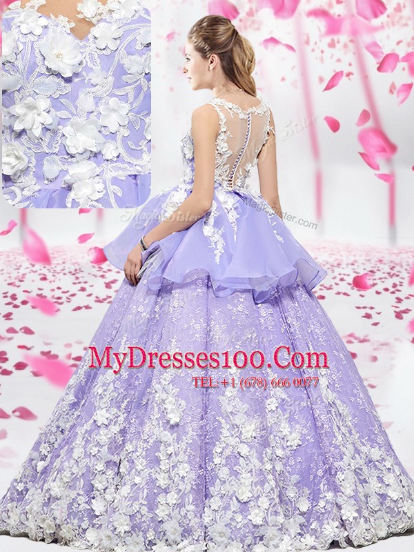 Simple Scoop Sleeveless Lace Up Floor Length Lace and Appliques Quinceanera Gown