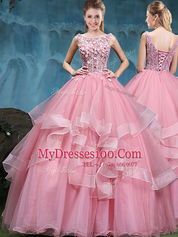 Decent Scoop Lace and Appliques and Ruffles Vestidos de Quinceanera Baby Pink Lace Up Sleeveless Floor Length