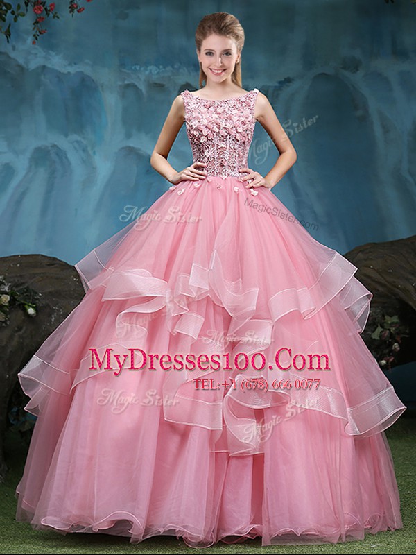 Decent Scoop Lace and Appliques and Ruffles Vestidos de Quinceanera Baby Pink Lace Up Sleeveless Floor Length