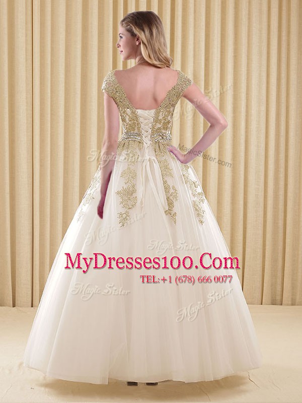Scoop Short Sleeves Beading and Appliques Lace Up Quince Ball Gowns