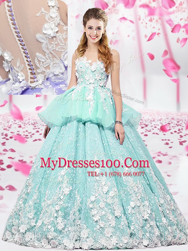 Suitable Apple Green Sweet 16 Quinceanera Dress Military Ball and Sweet 16 and Quinceanera and For with Lace and Appliques Scoop Sleeveless Lace Up