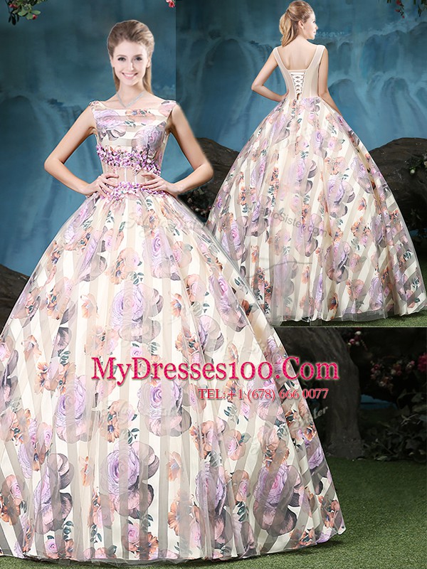 Multi-color Lace Up Straps Appliques and Pattern Ball Gown Prom Dress Tulle Sleeveless
