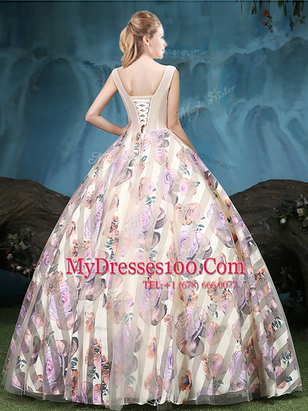 Multi-color Lace Up Straps Appliques and Pattern Ball Gown Prom Dress Tulle Sleeveless