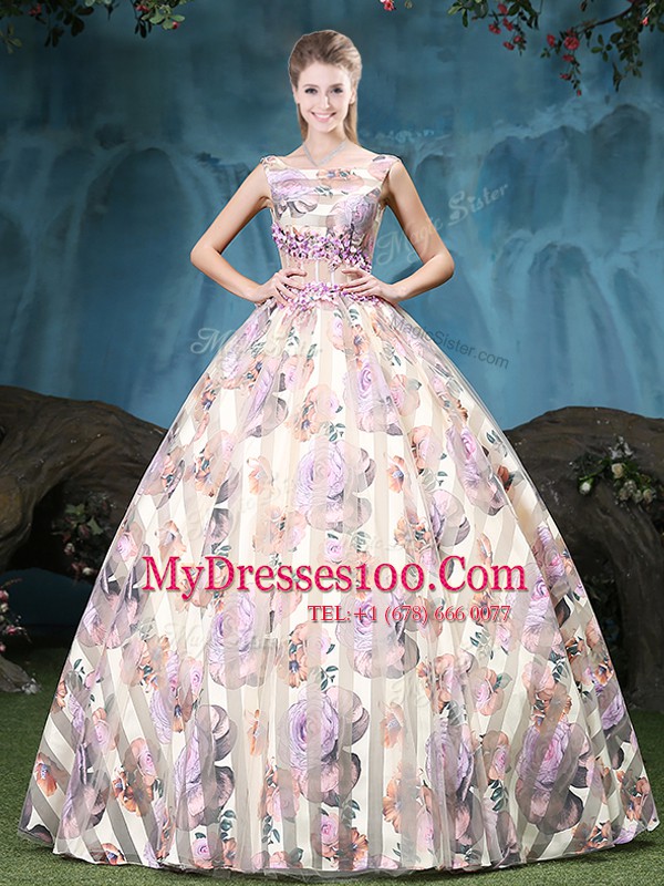 Multi-color Lace Up Straps Appliques and Pattern Ball Gown Prom Dress Tulle Sleeveless