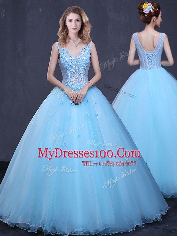 Adorable Light Blue Sleeveless Lace and Appliques Floor Length 15 Quinceanera Dress