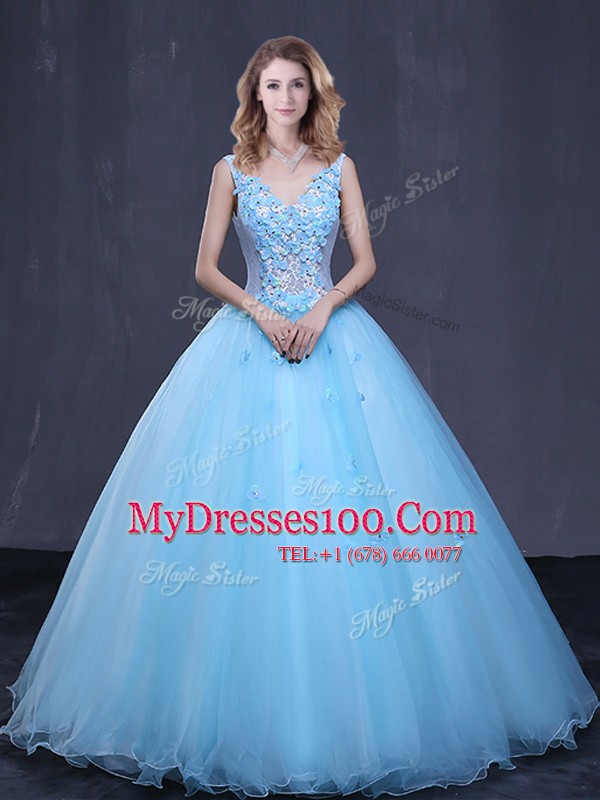 Adorable Light Blue Sleeveless Lace and Appliques Floor Length 15 Quinceanera Dress