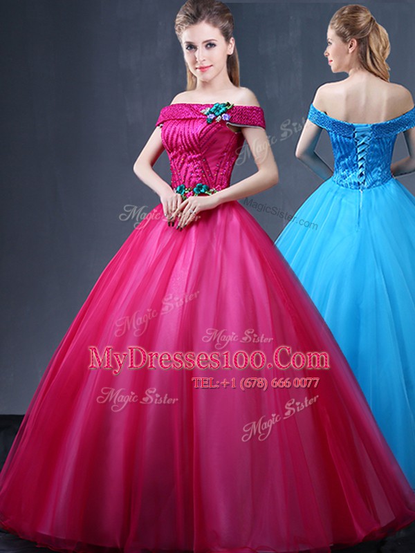 Fitting Fuchsia Ball Gowns Tulle Off The Shoulder Sleeveless Beading and Appliques Floor Length Lace Up Sweet 16 Dress