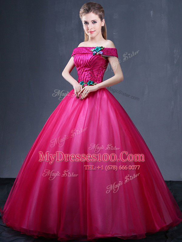 Fitting Fuchsia Ball Gowns Tulle Off The Shoulder Sleeveless Beading and Appliques Floor Length Lace Up Sweet 16 Dress