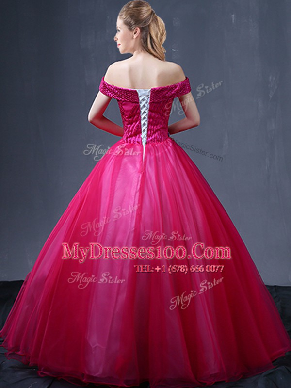 Fitting Fuchsia Ball Gowns Tulle Off The Shoulder Sleeveless Beading and Appliques Floor Length Lace Up Sweet 16 Dress