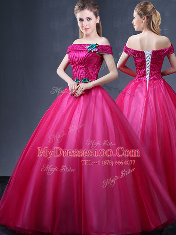 Fitting Fuchsia Ball Gowns Tulle Off The Shoulder Sleeveless Beading and Appliques Floor Length Lace Up Sweet 16 Dress