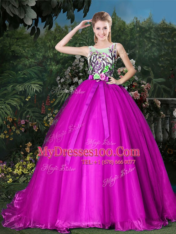 Scoop Appliques and Belt 15 Quinceanera Dress Fuchsia Zipper Sleeveless Brush Train