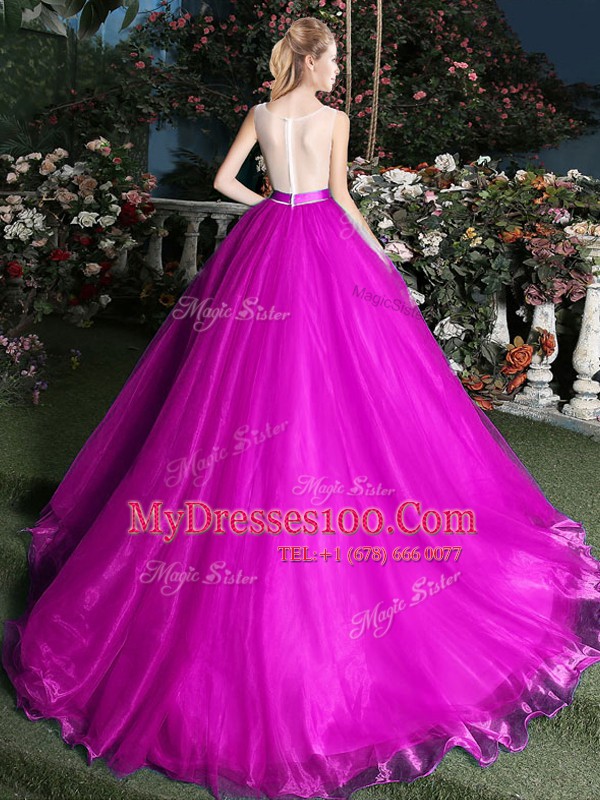 Scoop Appliques and Belt 15 Quinceanera Dress Fuchsia Zipper Sleeveless Brush Train