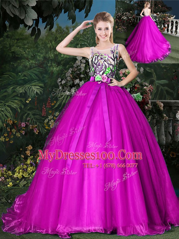 Scoop Appliques and Belt 15 Quinceanera Dress Fuchsia Zipper Sleeveless Brush Train