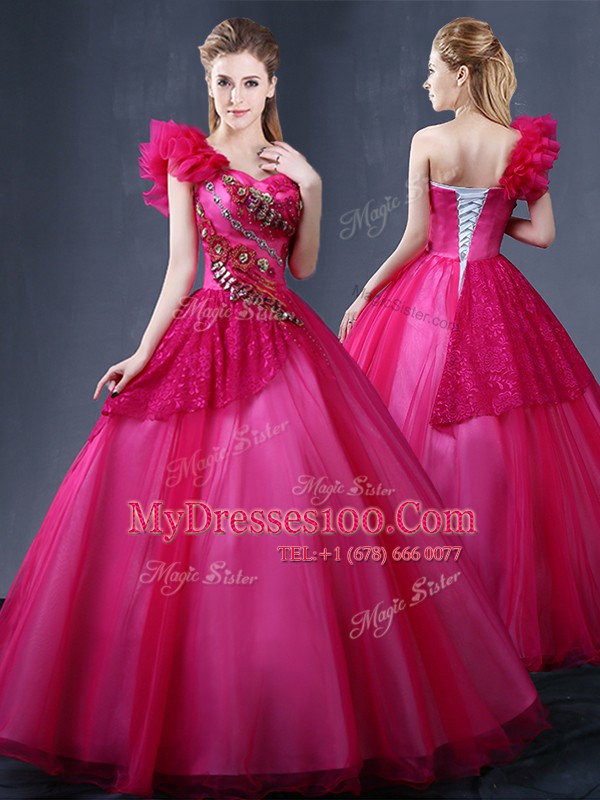 Elegant Floor Length Fuchsia Quinceanera Gowns One Shoulder Sleeveless Lace Up