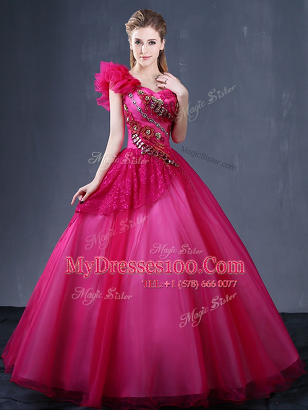 Elegant Floor Length Fuchsia Quinceanera Gowns One Shoulder Sleeveless Lace Up