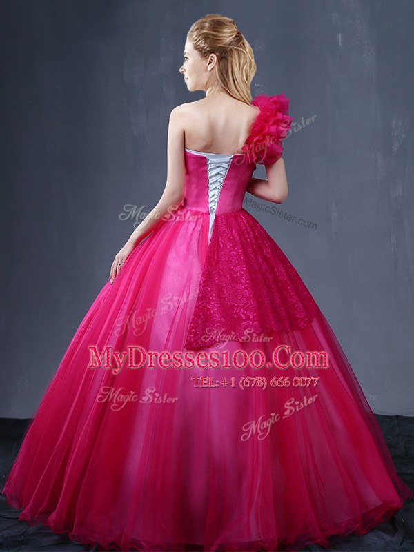 Elegant Floor Length Fuchsia Quinceanera Gowns One Shoulder Sleeveless Lace Up
