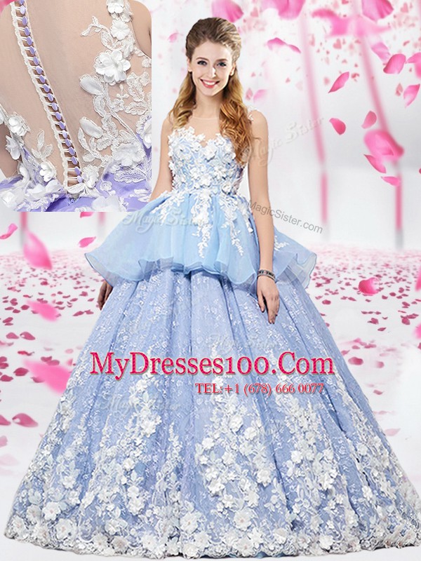Spectacular Lavender Ball Gowns Scoop Sleeveless Organza and Tulle Floor Length Lace Up Lace and Appliques Quinceanera Gowns