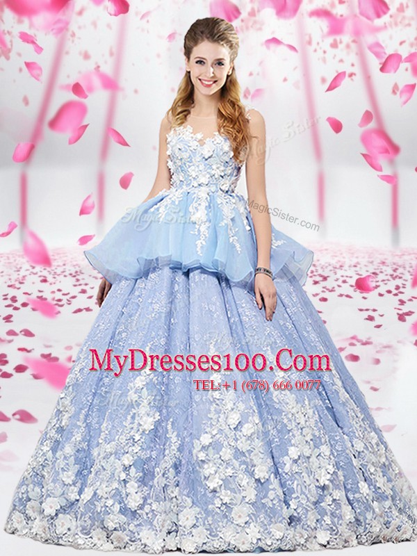 Spectacular Lavender Ball Gowns Scoop Sleeveless Organza and Tulle Floor Length Lace Up Lace and Appliques Quinceanera Gowns