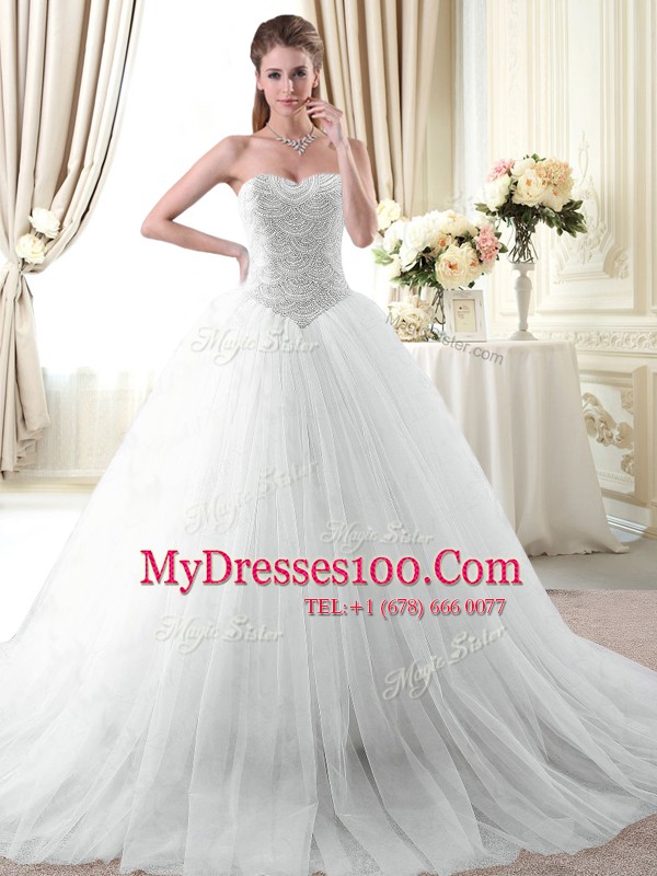 Fantastic White Sleeveless Tulle Brush Train Lace Up Quinceanera Dresses for Military Ball and Sweet 16 and Quinceanera