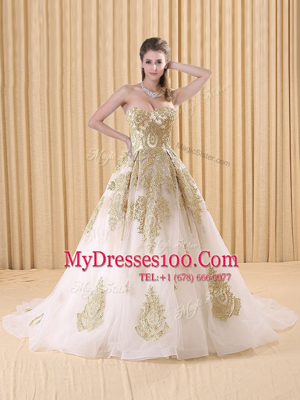 White Lace Up Sweetheart Appliques 15 Quinceanera Dress Organza Sleeveless Sweep Train
