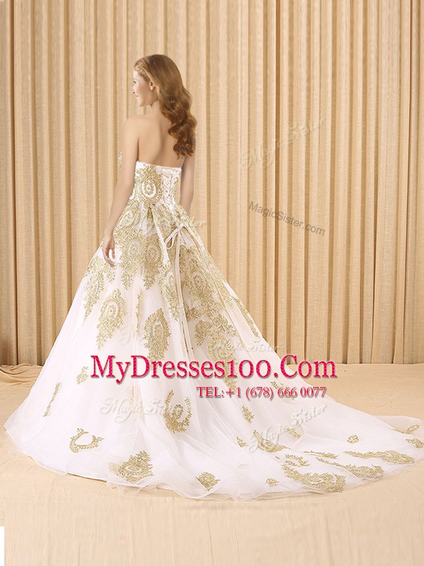 White Lace Up Sweetheart Appliques 15 Quinceanera Dress Organza Sleeveless Sweep Train