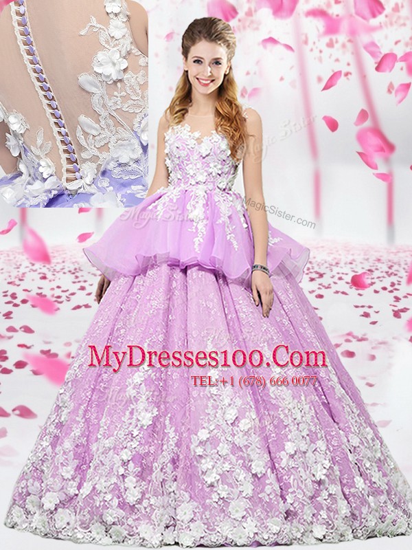 Scoop Sleeveless Lace and Appliques Lace Up 15 Quinceanera Dress