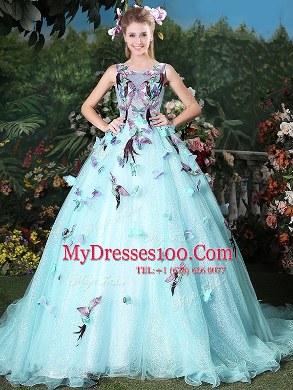 Light Blue Ball Gowns Scoop Sleeveless Organza Brush Train Lace Up Appliques 15 Quinceanera Dress