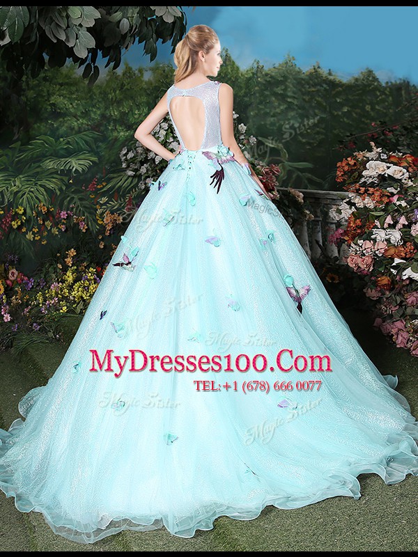 Light Blue Ball Gowns Scoop Sleeveless Organza Brush Train Lace Up Appliques 15 Quinceanera Dress