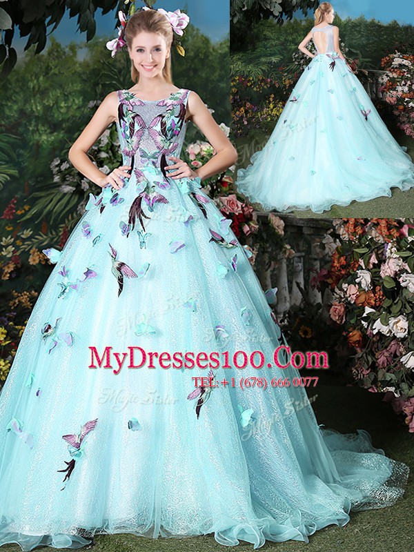 Light Blue Ball Gowns Scoop Sleeveless Organza Brush Train Lace Up Appliques 15 Quinceanera Dress