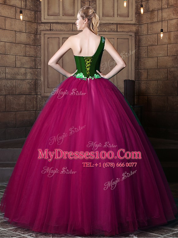 Fuchsia Lace Up One Shoulder Pattern Quince Ball Gowns Tulle Sleeveless