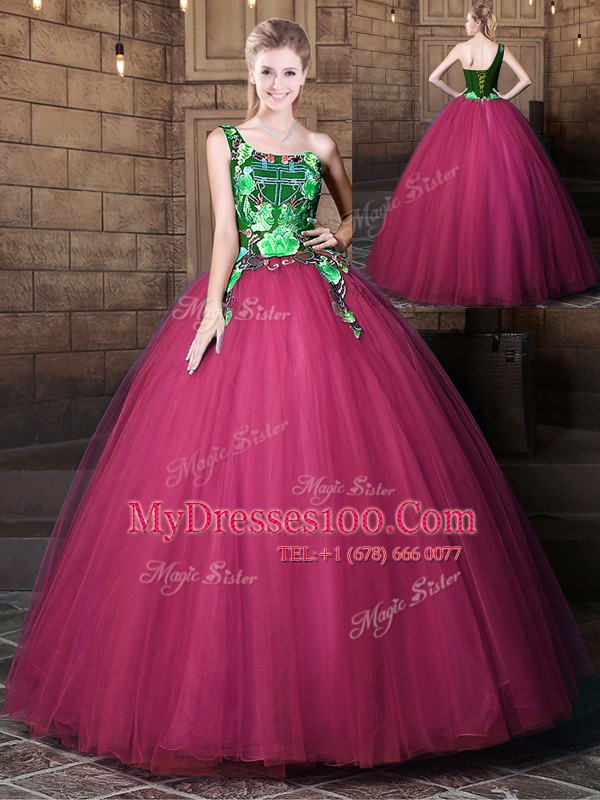 Fuchsia Lace Up One Shoulder Pattern Quince Ball Gowns Tulle Sleeveless